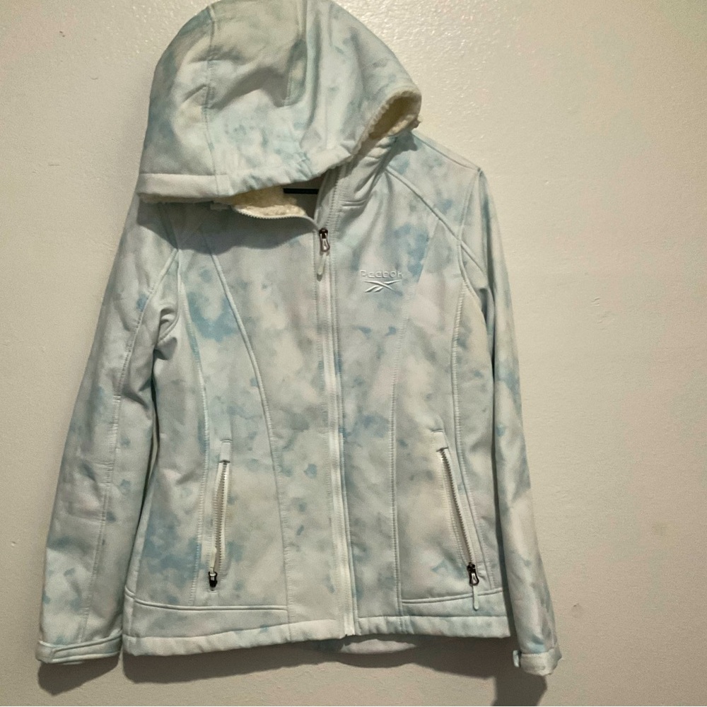 Women’s teals and white tie dye Reebook fall/ winter jacket with wool hoodie